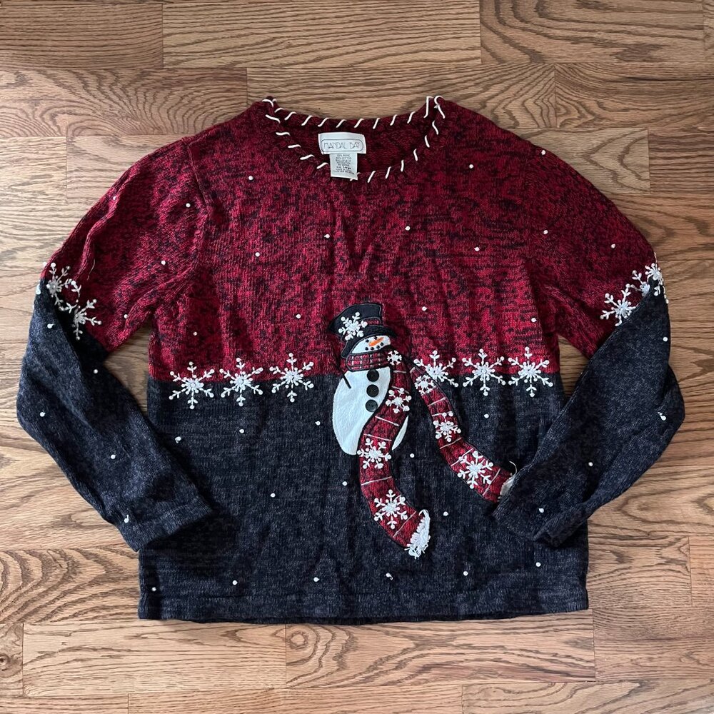 Vintage Mandal Bay Vintage Christmas Sweater Snowman Beaded Crew Neck Sweater